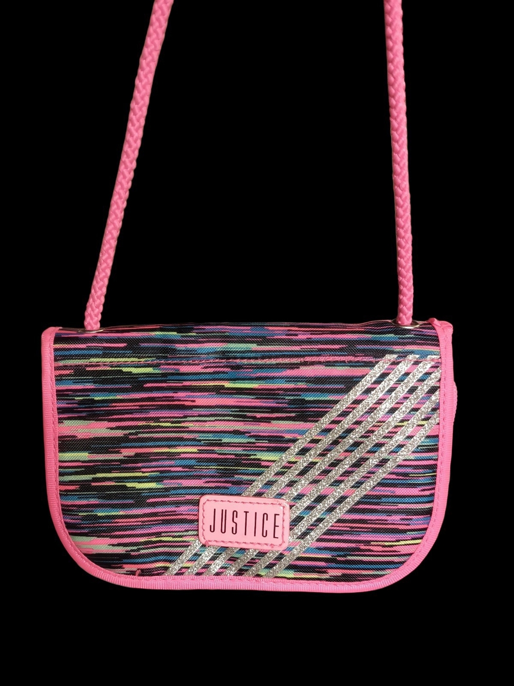 Justice Pink Crossbody with Multicolor Stripe and Sparkly Accent